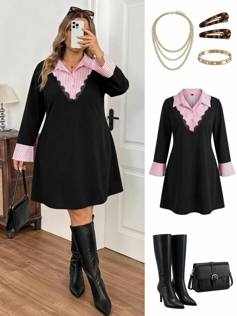SHEIN CURVE+ Plus Size Women's Semi Formal Business Casual Dress, Christmas - Black - View 1