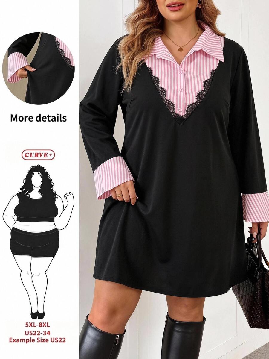 SHEIN CURVE+ 大尺碼女款半正式商務休閒洋裝,聖誕節 - 黑色 - 查看 1