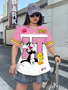 LOONEY TUNES X SHEIN Plus Size Women's Letter & Cartoon Print Casual Everyday T-Shirt - White - View 6