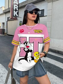 LOONEY TUNES X SHEIN Plus Size Women's Letter & Cartoon Print Casual Everyday T-Shirt - White - View 4