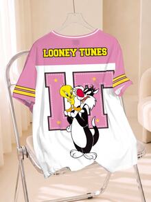 LOONEY TUNES X SHEIN Plus Size Women's Letter & Cartoon Print Casual Everyday T-Shirt - White - View 2