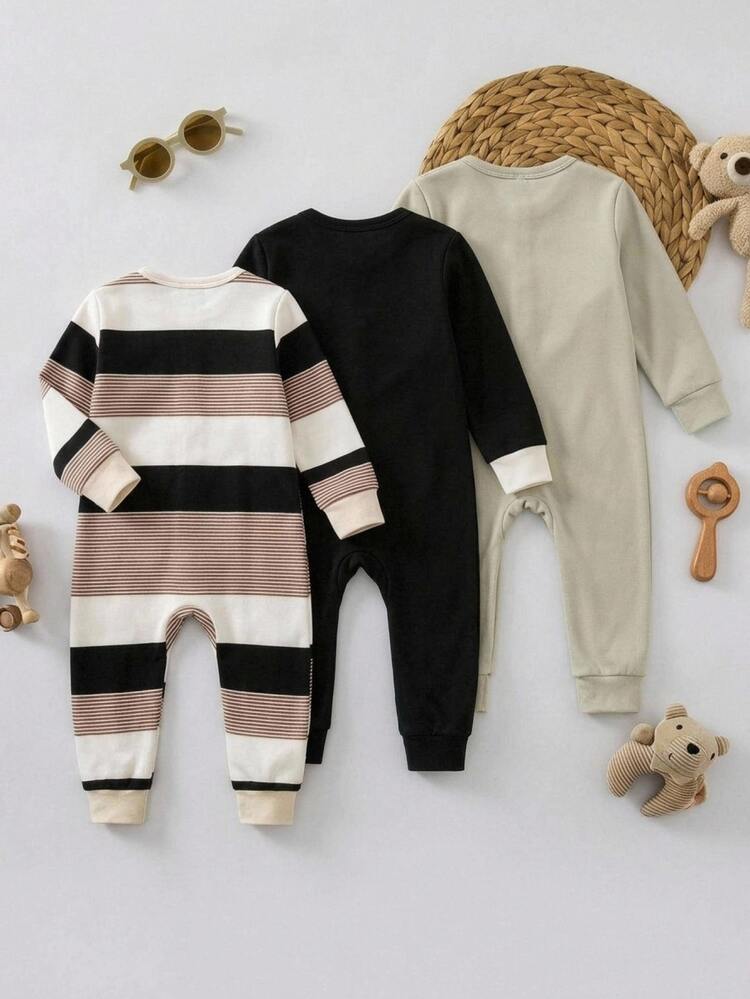 SHEIN 3pcs Newborn Baby Boy & Girl Cute Knitted Casual Cartoon Pattern Long Sleeve Autumn Rompers, Snug Fit Wear, Unisex Baby Clothes, Baby Winter Clothes - Multicolor - View 3