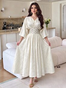Feyla New Waist-Cinching Pleated Exquisite High-End Rhinestone Embellished Romantic Glamorous Banquet Light Dress Elegant Elegant - Apricot - View 1