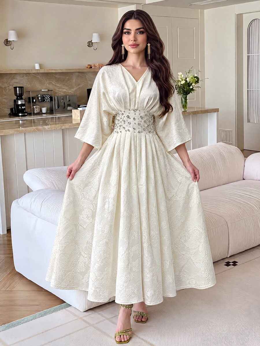 Feyla New Waist-Cinching Pleated Exquisite High-End Rhinestone Embellished Romantic Glamorous Banquet Light Dress Elegant Elegant - Apricot - View 1