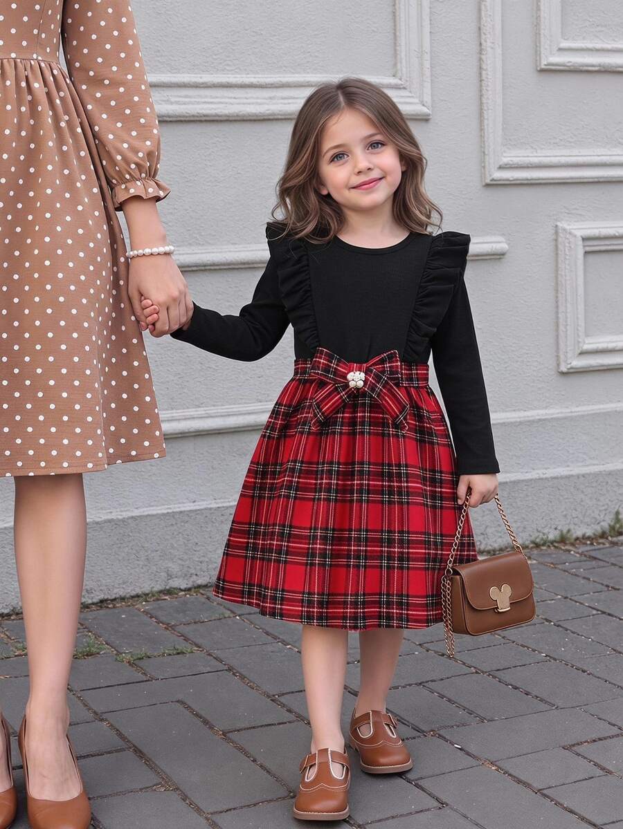 SHEIN Glamorique Kids Young Girls Baby Blue Ribbed Long Sleeve Floral Hem A-Line Dress With Bow,White,Autumn,Fairy,Family Matching,Cute Elegant Crew Neck Patchwork Style - Black - View 1