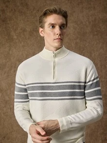 Manfinity Homme 男士秋冬條紋拉鍊半開襟長袖休閒毛衣，中性風格，情侶穿搭，辦公通勤秋季，最佳節日禮物 - 彩色 - 查看 2