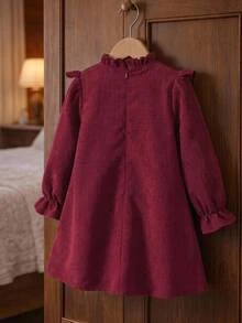 SHEIN 女童秋冬保暖內裡加厚刺繡燈芯絨假日派對洋裝 - 紅色 - 查看 2