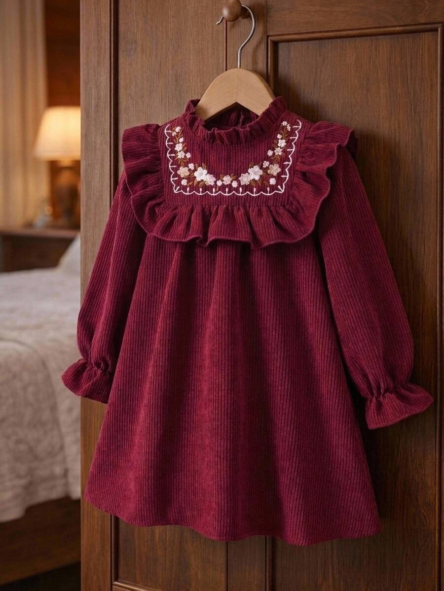 SHEIN 女童秋冬保暖內裡加厚刺繡燈芯絨假日派對洋裝 - 紅色 - 查看 1
