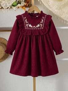 SHEIN 女童秋冬保暖內裡加厚刺繡燈芯絨假日派對洋裝 - 紅色 - 查看 8