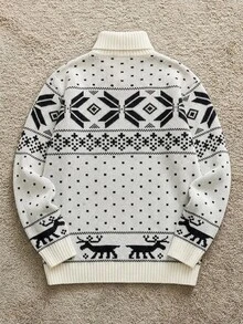 Manfinity Homme Men's Christmas Button-Down Cardigan With Zipper, Featuring Snowflake Pattern, Suitable For Couple's And Family Wear, Old Money - White - View 3