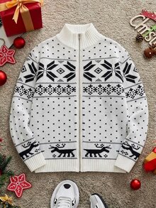 Manfinity Homme Men's Christmas Button-Down Cardigan With Zipper, Featuring Snowflake Pattern, Suitable For Couple's And Family Wear, Old Money - White - View 2