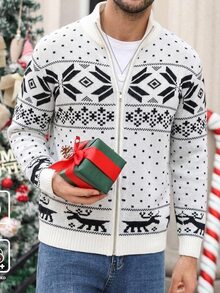 Manfinity Homme Men's Christmas Button-Down Cardigan With Zipper, Featuring Snowflake Pattern, Suitable For Couple's And Family Wear, Old Money - White - View 5