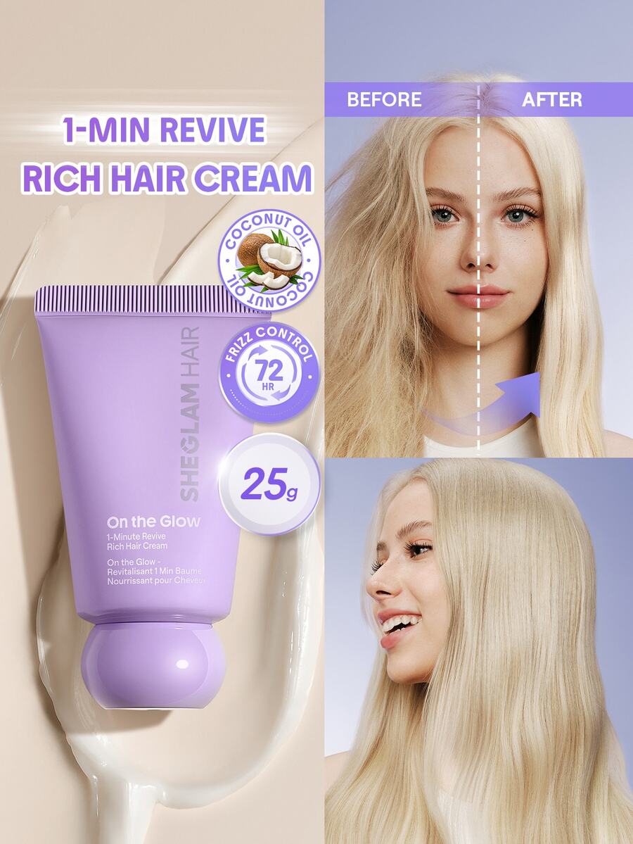 SHEGLAM HAIR On The Glow 1-Minute Revive Rich Hair Cream-25g,Moisture Leave-In Hair Conditioner, Leave-In Cream,72-Hour Frizz Control, Deep Nourishment, Multi-Action Protection For Severely Damaged Or Frizzy Hair In Need Of Intensive Care Makeup Holiday Accerssories Pink Comb Autumn