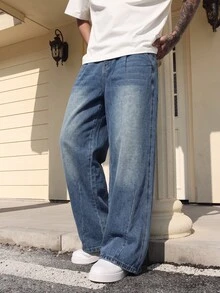 QuarKem Men's Light Wash Blue Denim Jeans, Fashionable Loose Wide Leg Long Pants - Light Wash - View 1