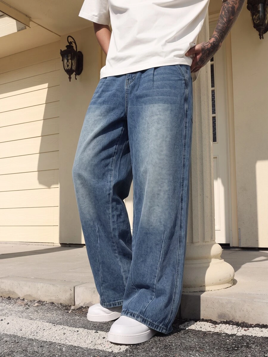 QuarKem Men's Light Wash Blue Denim Jeans, Fashionable Loose Wide Leg Long Pants - Light Wash - View 1