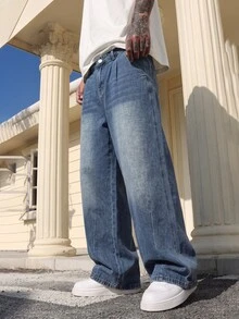 QuarKem Men's Light Wash Blue Denim Jeans, Fashionable Loose Wide Leg Long Pants - Light Wash - View 4