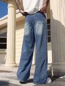 QuarKem Men's Light Wash Blue Denim Jeans, Fashionable Loose Wide Leg Long Pants - Light Wash - View 2