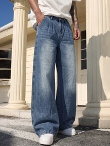 QuarKem Men's Light Wash Blue Denim Jeans, Fashionable Loose Wide Leg Long Pants - Light Wash - View 5