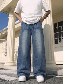 QuarKem Men's Light Wash Blue Denim Jeans, Fashionable Loose Wide Leg Long Pants - Light Wash - View 6