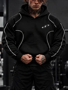 GymRaken Men's Geometric Print Long Sleeve Hooded Sweatshirt, Gym - Black - View 1