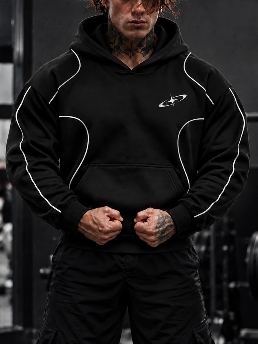 GymRaken Men's Geometric Print Long Sleeve Hooded Sweatshirt, Gym - Black - View 1