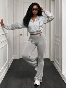 BamGleam 2pcs Women Hooded Long Sleeve Top And Pants Set - Grey - View 1