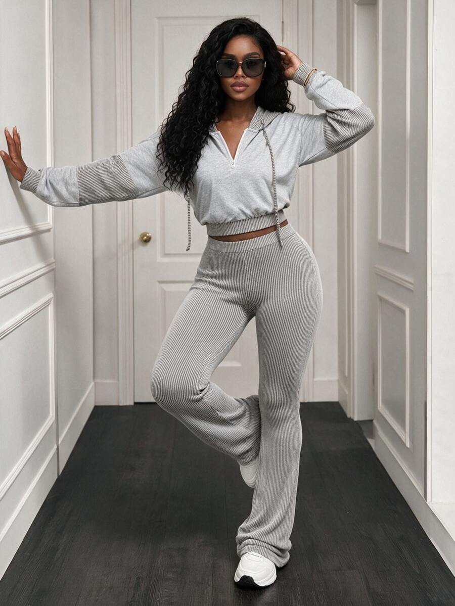 BamGleam 2pcs Women Hooded Long Sleeve Top And Pants Set - Grey - View 1