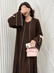Al Najma Women's Colorblock Trim Lace-Up Abaya - Coffee Brown - View 2