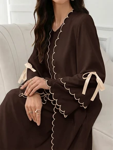 Al Najma Women's Colorblock Trim Lace-Up Abaya - Coffee Brown - View 8