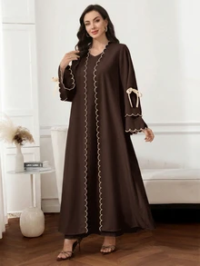 Al Najma Women's Colorblock Trim Lace-Up Abaya - Coffee Brown - View 6