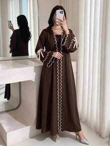 Al Najma Women's Colorblock Trim Lace-Up Abaya - Coffee Brown - View 1
