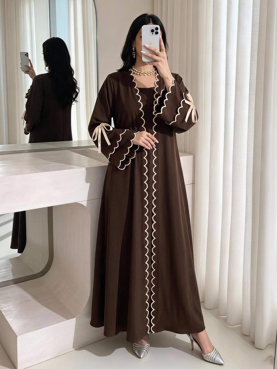 Al Najma Women's Colorblock Trim Lace-Up Abaya - Coffee Brown - View 1