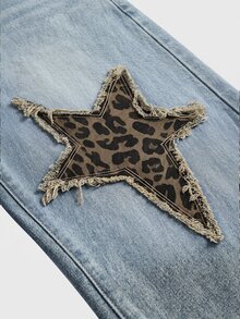 SHEIN Girlism 兒童青少年女孩豹紋印花毛邊星形復古藍色牛仔寬鬆長褲 Y2K 秋冬休閒返校萬聖節新年款 - 藍色 - 查看 4