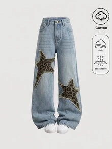 SHEIN Girlism 兒童青少年女孩豹紋印花毛邊星形復古藍色牛仔寬鬆長褲 Y2K 秋冬休閒返校萬聖節新年款 - 藍色 - 查看 5