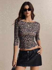 Poéselle Women's Leopard Print Fitted Crop T-Shirt – Boat-Neck Three-Quarter Sleeve Y2K Going-Out Top Winter Clothes Y2k Basic Tops Going Out Tops Brown Top - Multicolor - View 7