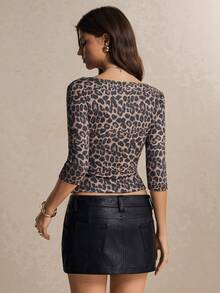 Poéselle Women's Leopard Print Fitted Crop T-Shirt – Boat-Neck Three-Quarter Sleeve Y2K Going-Out Top Winter Clothes Y2k Basic Tops Going Out Tops Brown Top - Multicolor - View 3