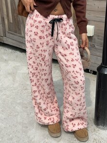 SHEIN EZwear 女款全印花休閒可愛百搭日常穿著長褲居家褲 粉色豹紋秋季 - 粉色 - 查看 6