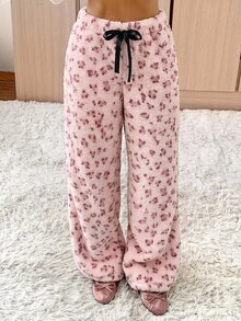 SHEIN EZwear 女款全印花休閒可愛百搭日常穿著長褲居家褲 粉色豹紋秋季 - 粉色 - 查看 1