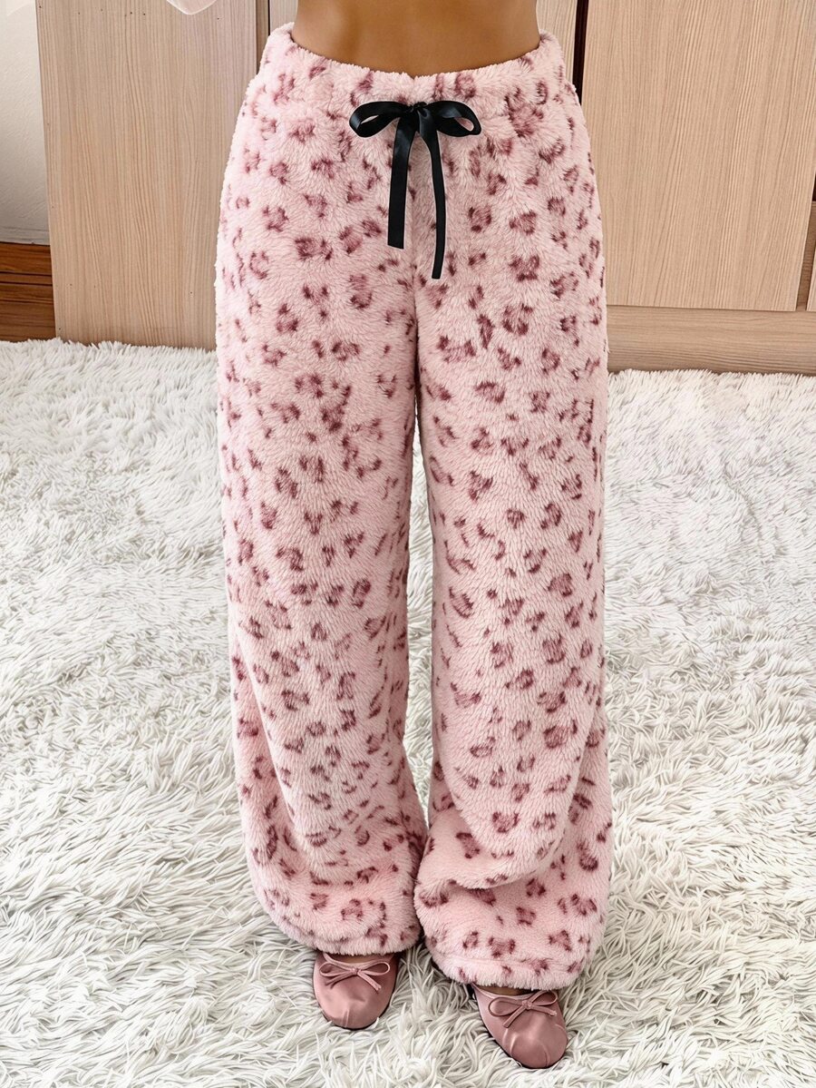 SHEIN EZwear 女款全印花休閒可愛百搭日常穿著長褲居家褲 粉色豹紋秋季 - 粉色 - 查看 1