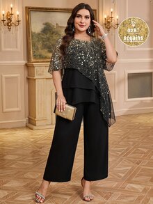 Reflora Casual vardagsoutfit för kvinnor i plus size med meshlapptäcke-topp och långa byxor - Svart - Visa 9