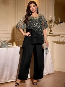 Reflora Casual vardagsoutfit för kvinnor i plus size med meshlapptäcke-topp och långa byxor - Svart - Visa 7