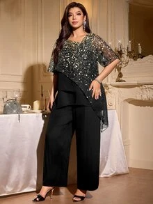 Reflora Casual vardagsoutfit för kvinnor i plus size med meshlapptäcke-topp och långa byxor - Svart - Visa 8