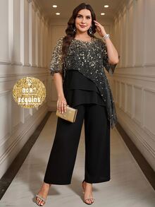 Reflora Casual vardagsoutfit för kvinnor i plus size med meshlapptäcke-topp och långa byxor - Svart - Visa 10