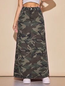 Rivivi Plus Size Women's Long Casual Denim Skirt With Pockets - Army Green - View 3