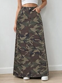 Rivivi Plus Size Women's Long Casual Denim Skirt With Pockets - Army Green - View 1