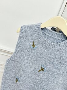 Solavon Women's Floral Embroidered Crew Neck Sweater Vest Autumn Winter Everyday School Blue Floral Preppy Cute - Light Grey - View 7
