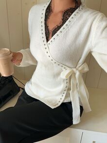 Siren Gaze 女款秋季新款蕾絲拼接針織開襟衫，米白色法式優雅風，適合早午餐與茶會 - 杏色 - 查看 5
