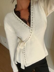 Siren Gaze 女款秋季新款蕾絲拼接針織開襟衫，米白色法式優雅風，適合早午餐與茶會 - 杏色 - 查看 4