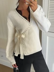 Siren Gaze 女款秋季新款蕾絲拼接針織開襟衫，米白色法式優雅風，適合早午餐與茶會 - 杏色 - 查看 3