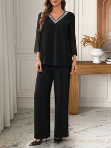 EMERY ROSE Women's V-Neck Contrast Color Long Sleeve Top And Pants Casual Daily 2 Pieces Set - Multicolor - View 9